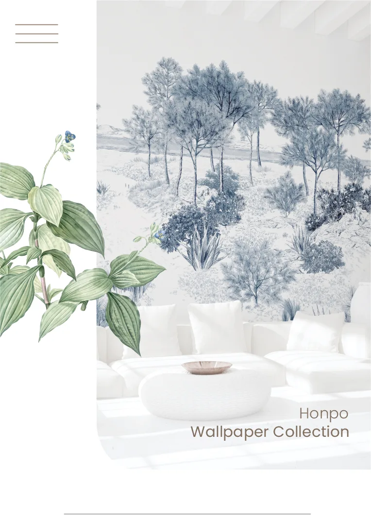 home interior with blue tropical wallpaper